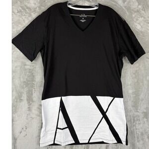 Vintage AX Armani Exchange Men Black White Geometric Logo V Neck T Shirt Size M